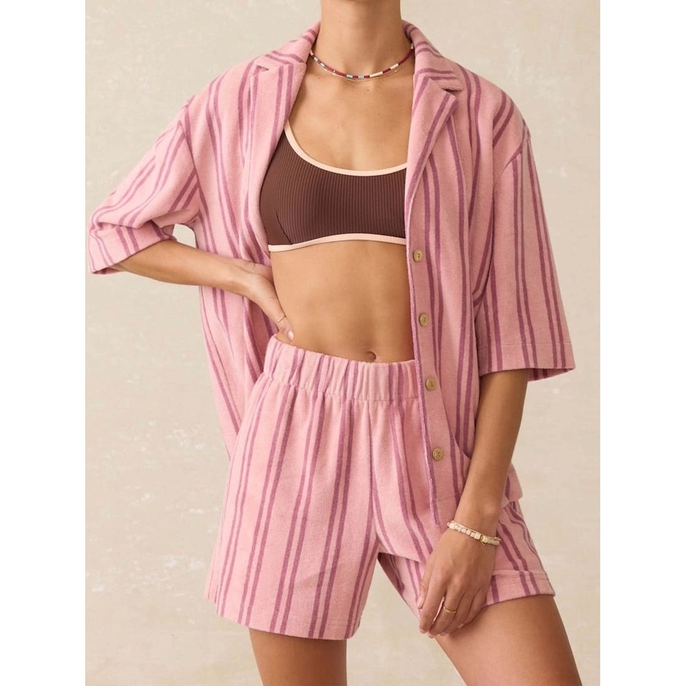 Faherty Cabana Towel Terry Camp shirt short set women S pink striped beachwear